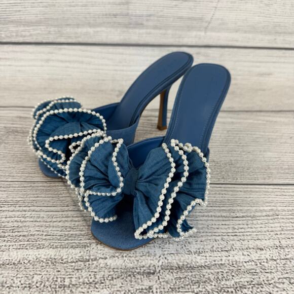 Venita Aspen For Gianni Bini Harlow Blue Ruffle Pearl Bow Heels Size 9 - Picture 1 of 10